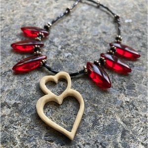 Vintage handmade Valentine’s Day beaded necklace moose antler pendant red black